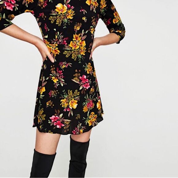 ZARA Floral Dress Black Long Sleeves Scoop Neck Shift Size Medium - Picture 3 of 9